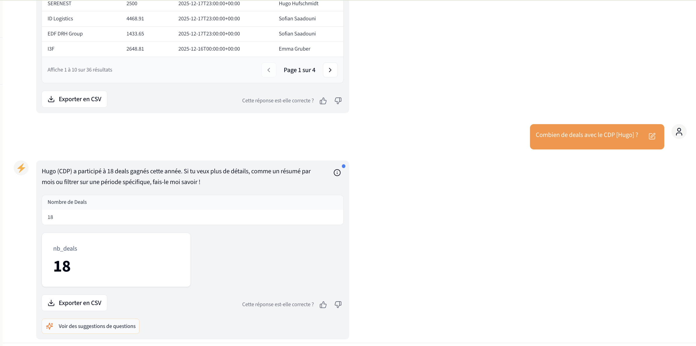 Résultat avec table de deals et KPI nombre de deals