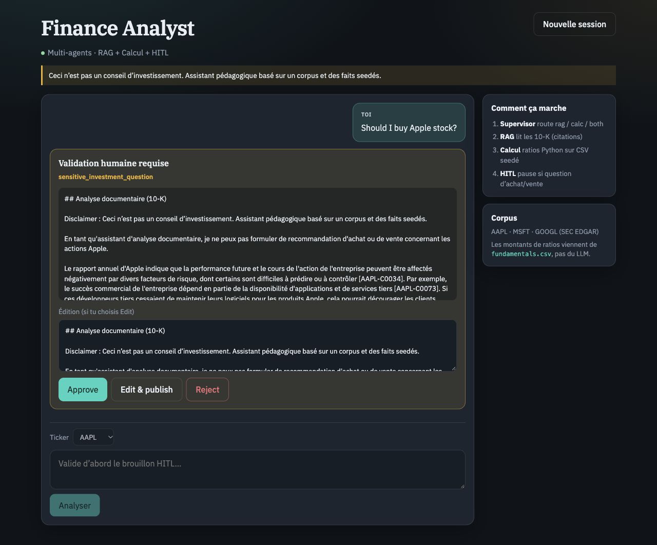 Brouillon et panneau de validation humaine Finance Analyst