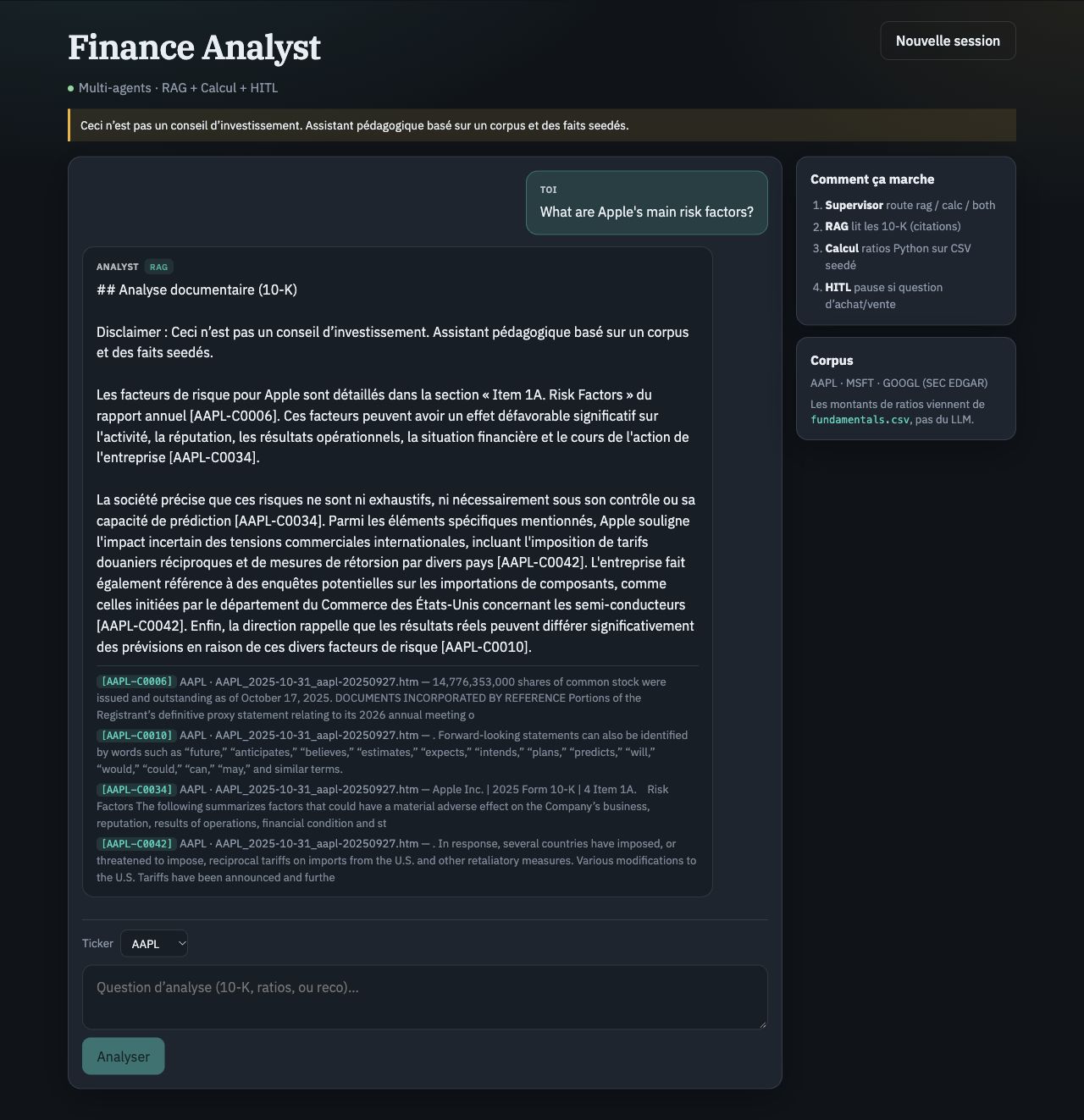 Réponse documentaire Finance Analyst avec citations de rapports SEC